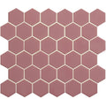 Pink hexagon slip resistant terracotta-colored mosaic tile with cream grout lines for safe flooring use