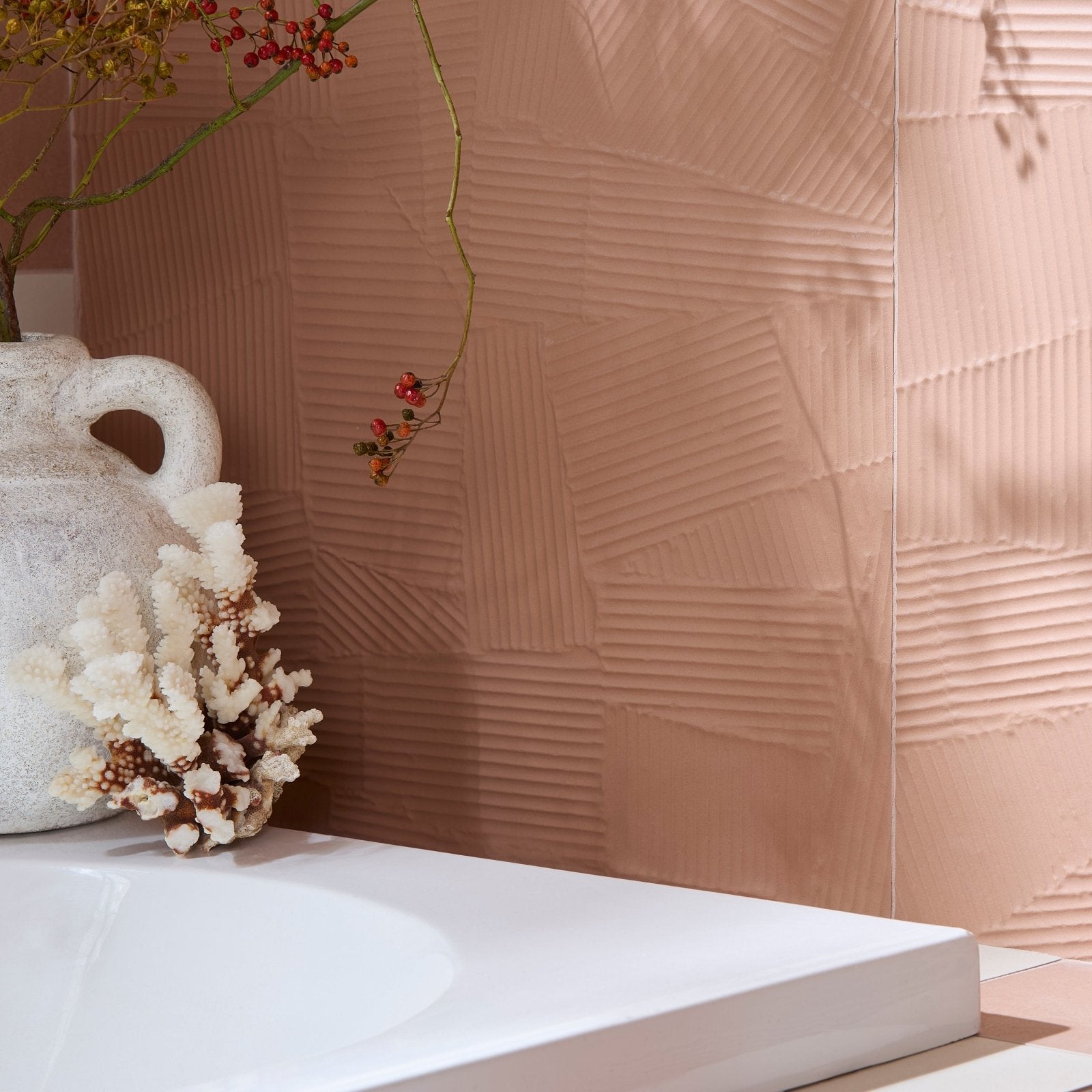 Plastercraft calco porcelain cipria textured matte blush pink ceramic tile wall with subtle geometric ridged patterns