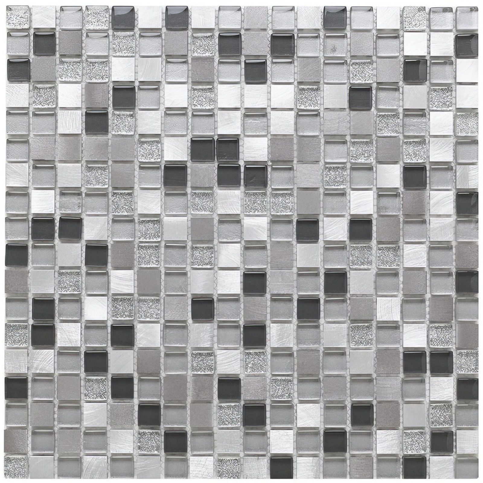 Platinum 135 glass metal mix mosaic tile in silver and gray featuring clear frosted metallic and glittery glass squares