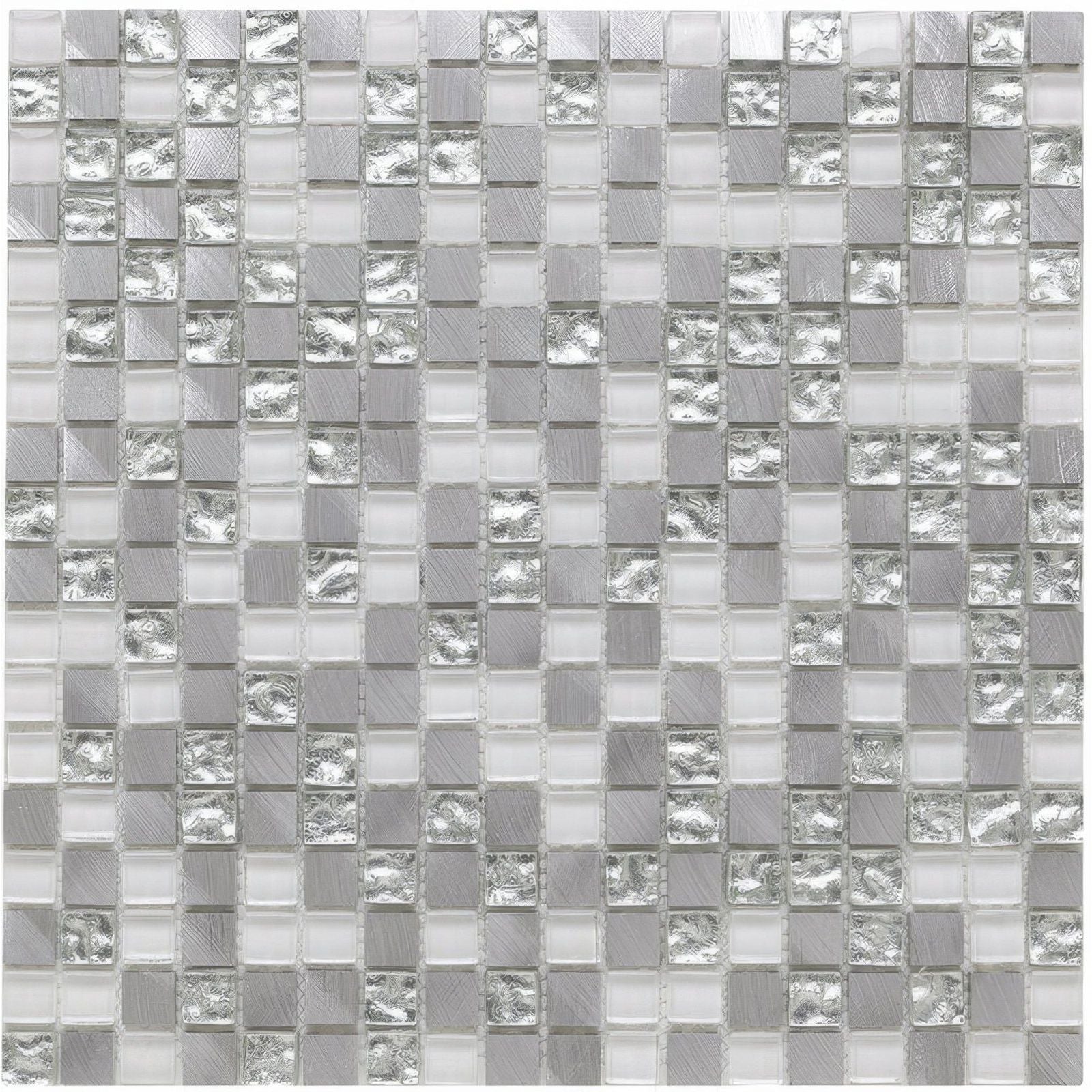 Platinum 136 glass metal mix mosaic tile with silver and white textured reflective squares in a grid pattern