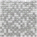 Platinum 136 glass metal mix mosaic tile with silver and white textured reflective squares in a grid pattern
