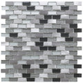 A modern platinum lancer 139 mini brick mosaic panel with metallic silver, matte black, and frosted glass tiles with glitter