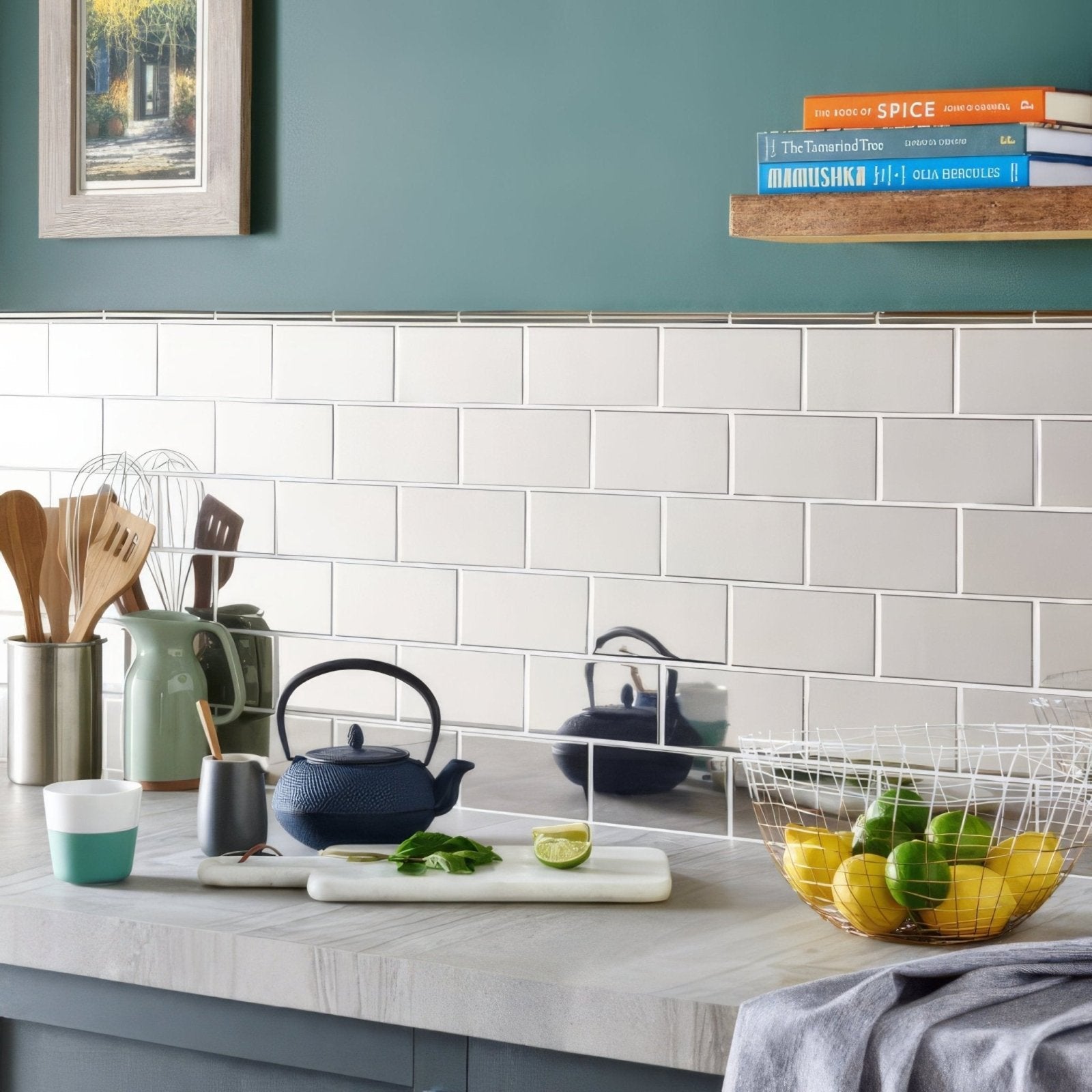Blue ceramic teapot with black handle and lid featured on platinum metallic half tile background