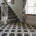 Pomeroy Black, Grey and Dover White shown as flooring