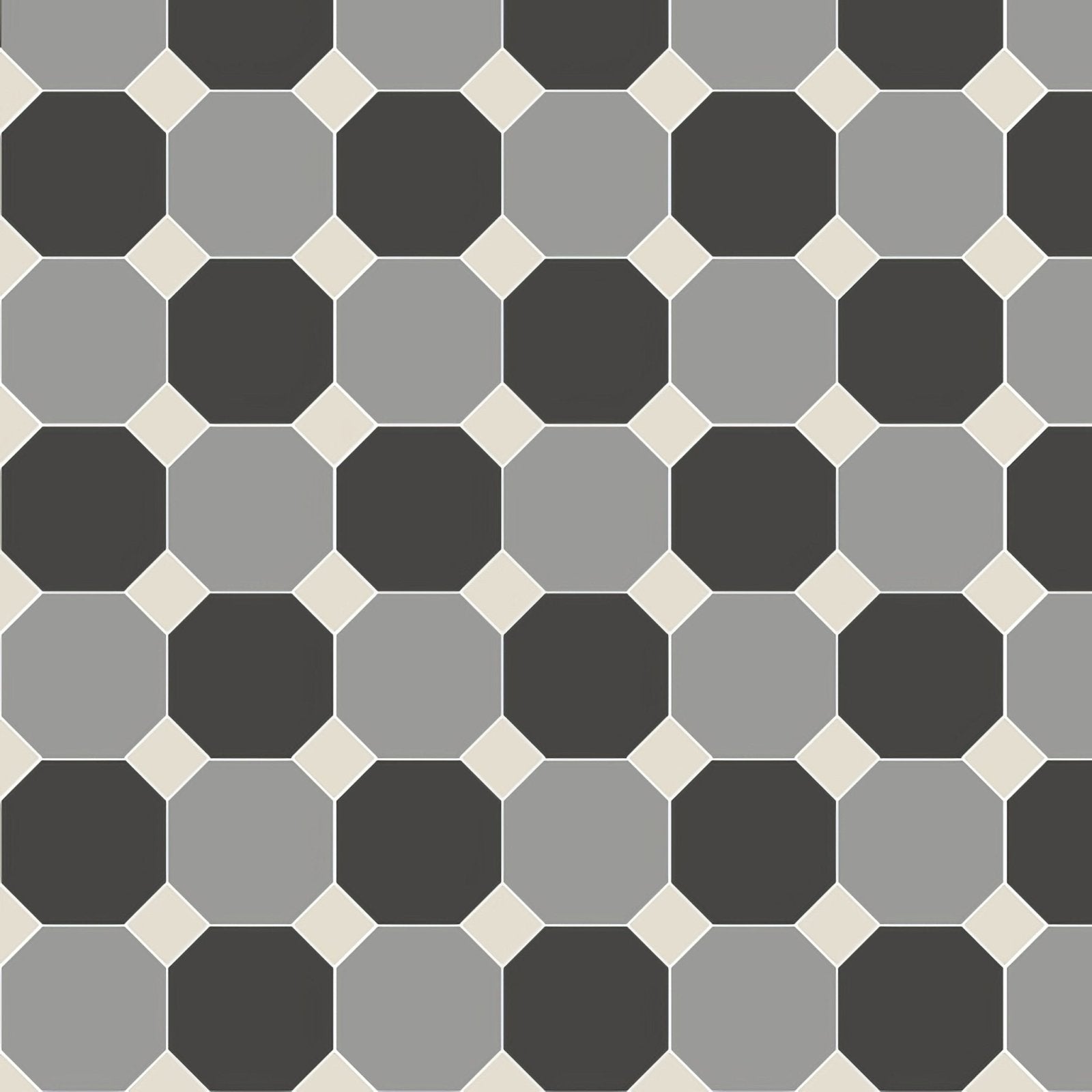 Geometric patterned pomeroy black grey and dover white floor tile with dark gray and light gray octagons and cream diamonds
