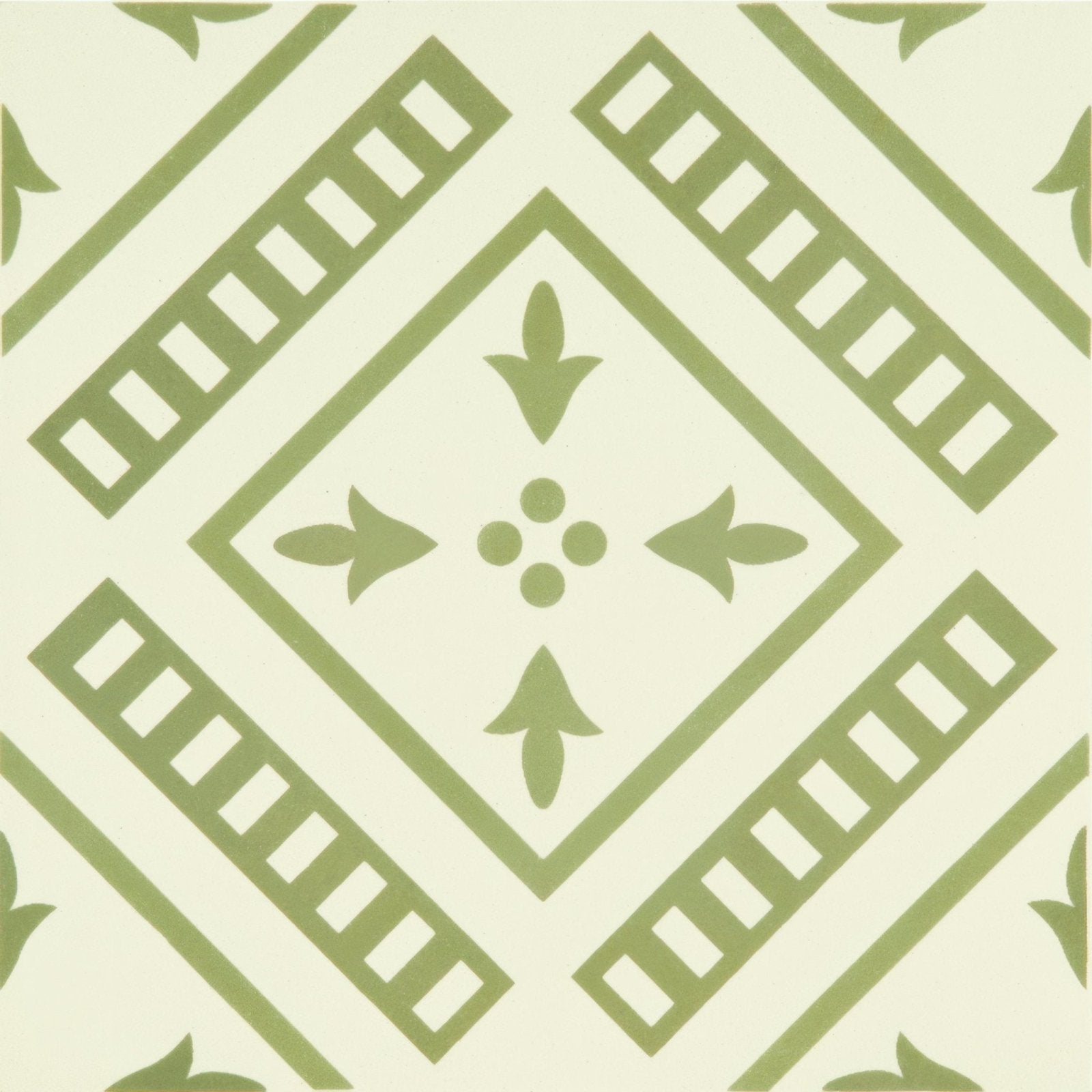 Pompeii dublin olive green geometric pattern ceramic tile with symmetrical leaf and rectangular decorations on white