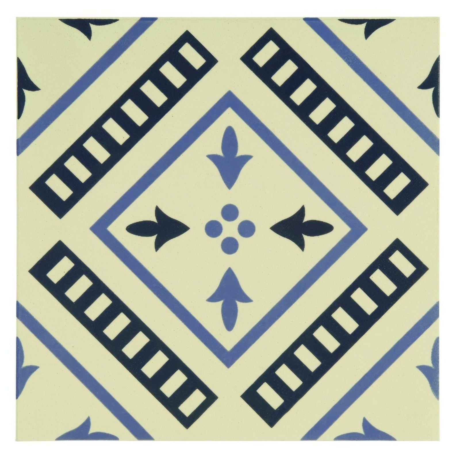 Cream-colored ceramic tile pompeii indigo and dark blue on white with navy and light blue geometric lines and black leaf motifs