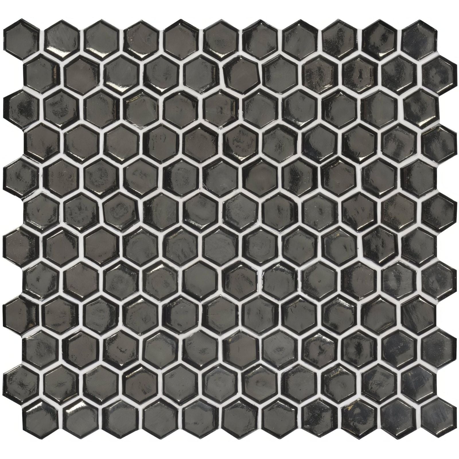 Poona glass mosaic of dark gray hexagonal glass tiles with a glossy finish and white grout lines
