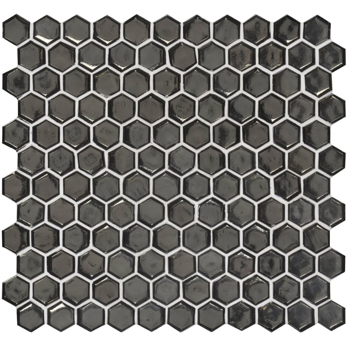 Poona glass mosaic of dark gray hexagonal glass tiles with a glossy finish and white grout lines