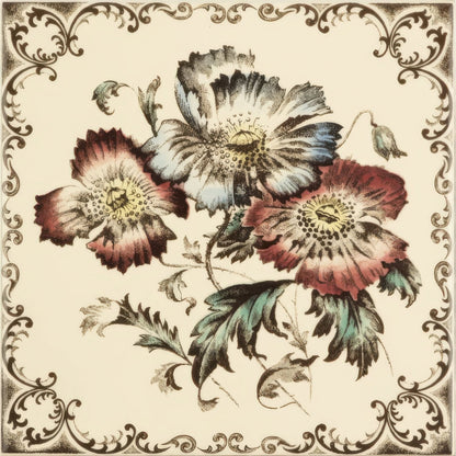 Poppies Scroll Border Single Tile on County White