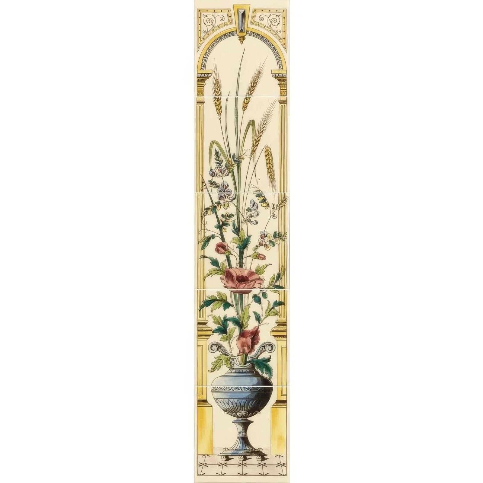 A decorative ceramic tile panel with a classical urn of pink poppies and wheat stalks framed in ornate gold on county white