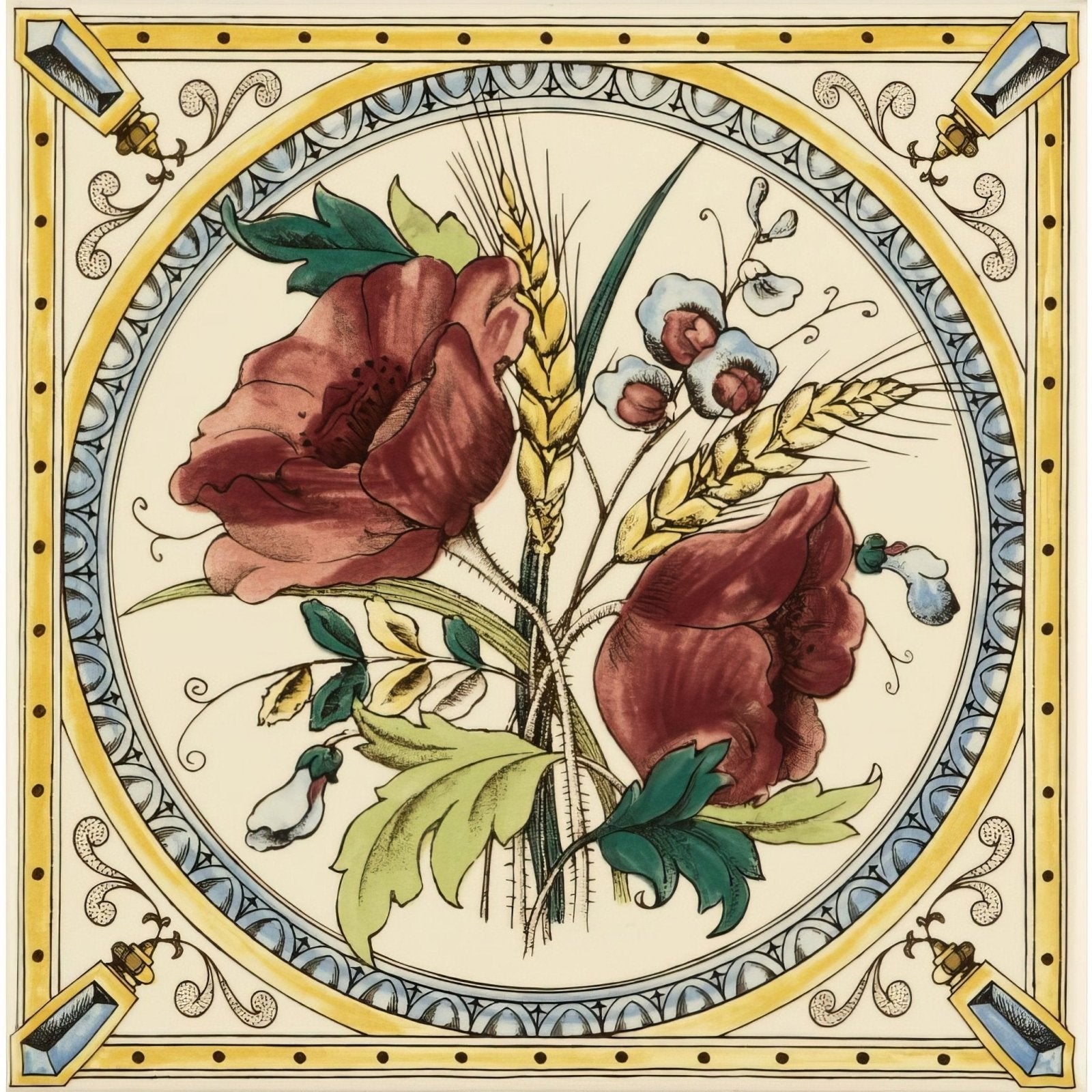 Poppy And Wheatsheaf Single Tile On County White