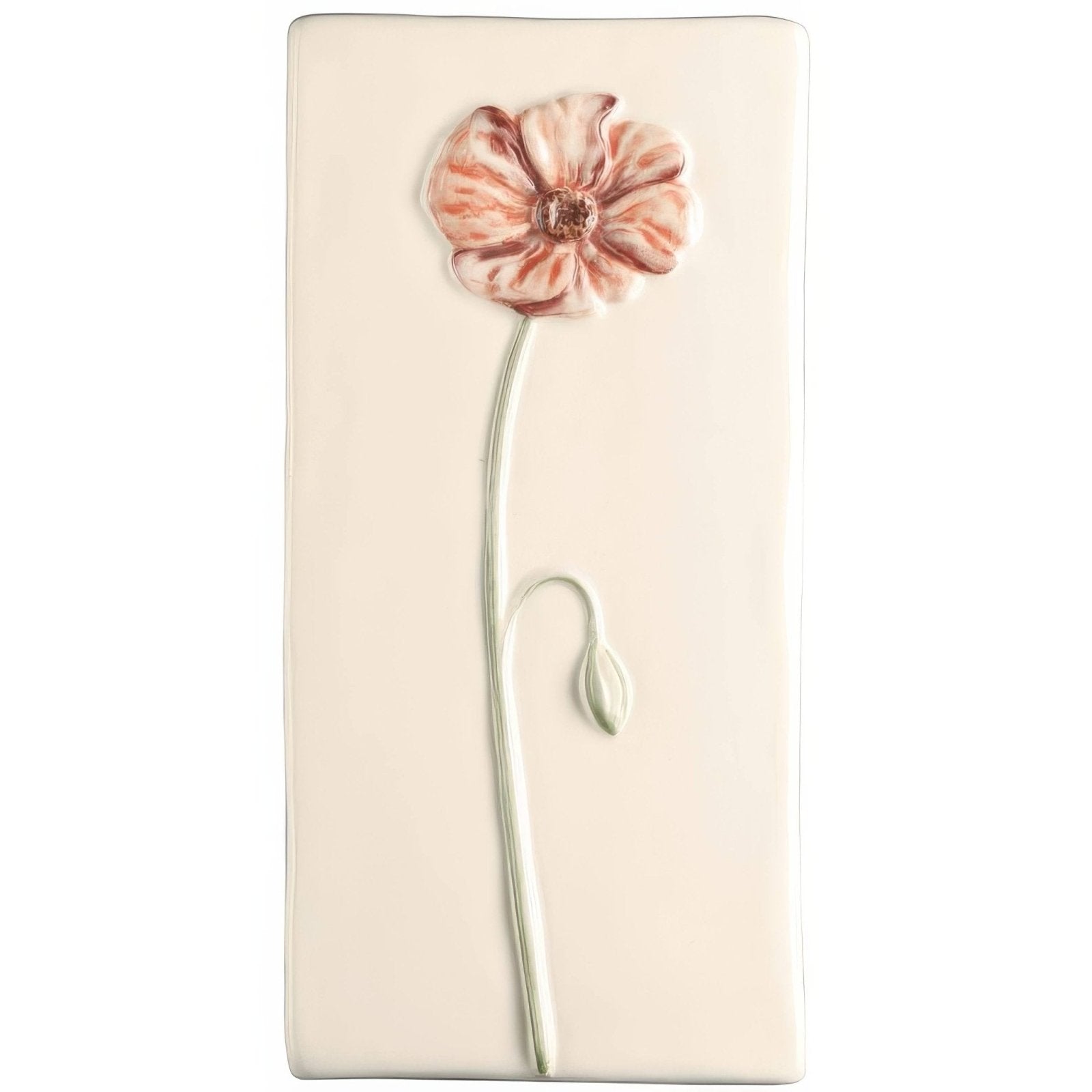 Cream-colored ceramic wall plaque featuring a raised pink poppy with red veining and slender stem titled poppy on off white