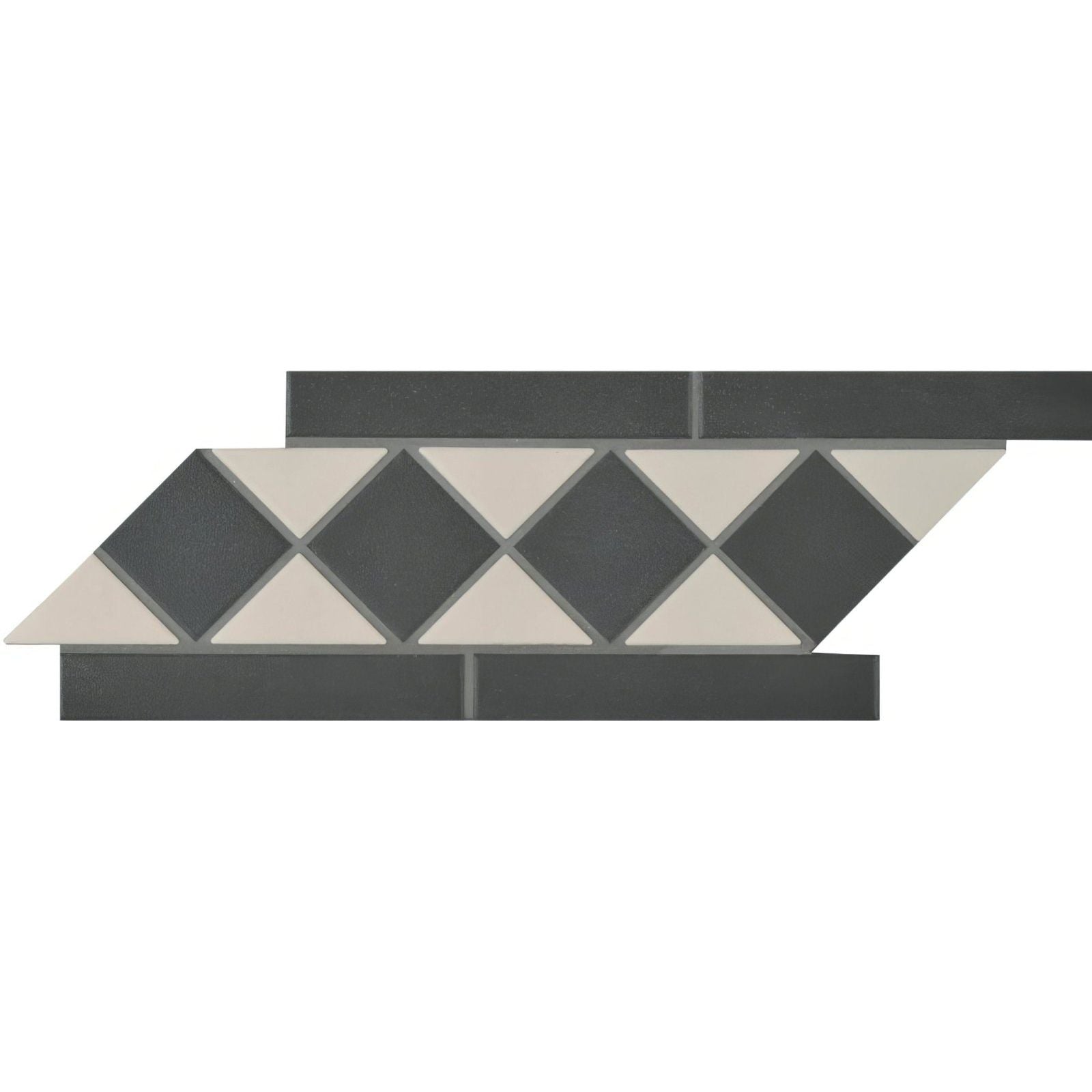 A porcelain border white and black tile strip with a modern diamond mosaic pattern in dark gray and off-white colors