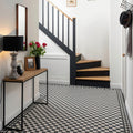 Porcelain border white and black floor tiles with a classic black and white checkered geometric pattern