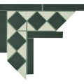 Porcelain corner white and black dark green and off-white geometric mosaic tile with diamond-shaped patterns