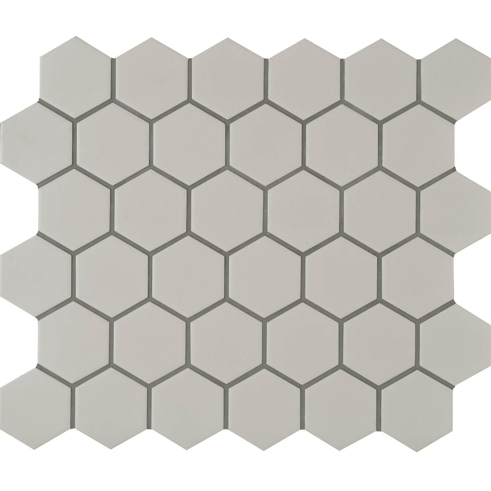 Porcelain hexagon white tile featuring gray hexagonal mosaic with matte finish and dark gray grout lines