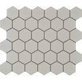 Porcelain hexagon white tile featuring gray hexagonal mosaic with matte finish and dark gray grout lines