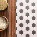 Porcelain hexagon white and black mosaic tile with alternating white and dark gray hexagonal patterns
