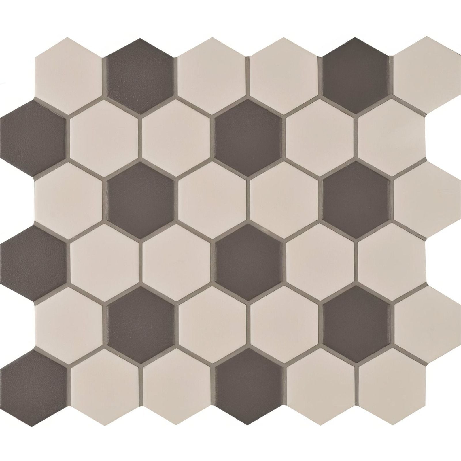 Porcelain hexagon tile panel featuring alternating matte beige and dark gray hexagonal mosaic with subtle grout lines
