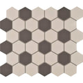 Porcelain hexagon tile panel featuring alternating matte beige and dark gray hexagonal mosaic with subtle grout lines