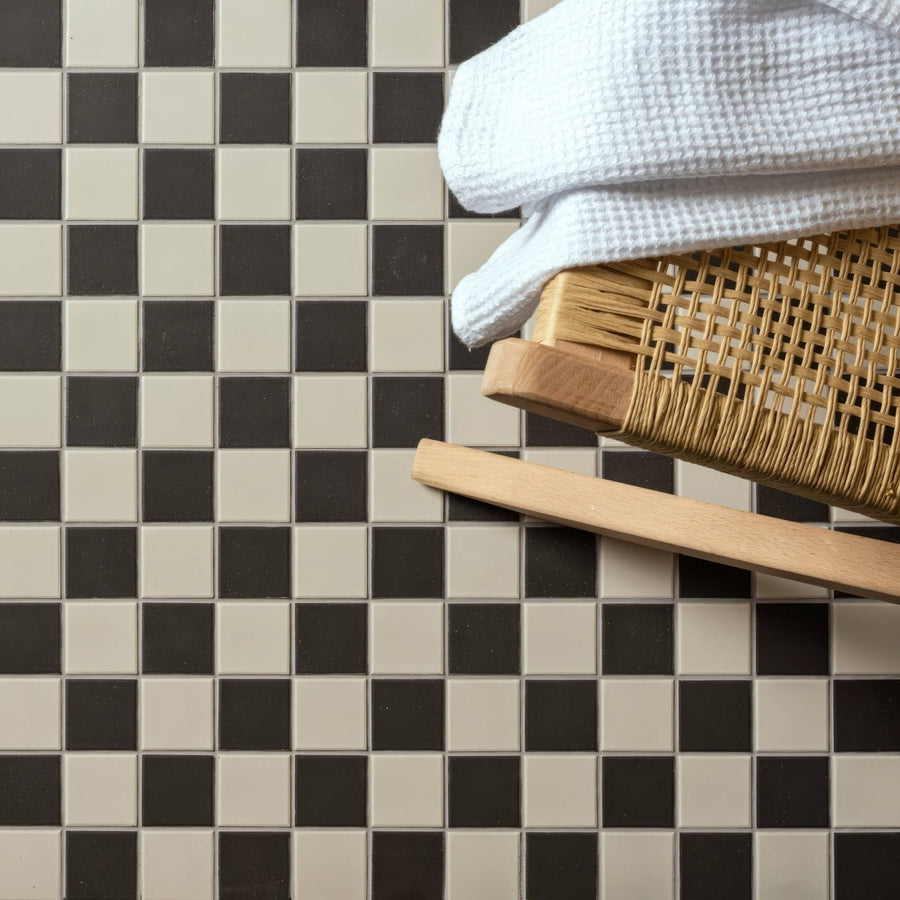 Porcelain Square White & Black black and white porcelain mosaic with a towel on a bamboo basket