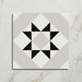 Brompton porcelain borough square mosaic tile with geometric star pattern in black white and light gray tones