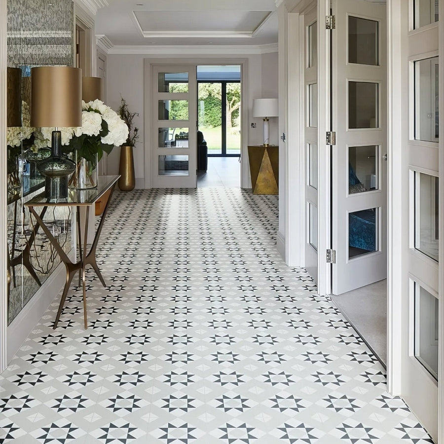 Brompton porcelain borough floor tiles with white and black star pattern classic geometric design