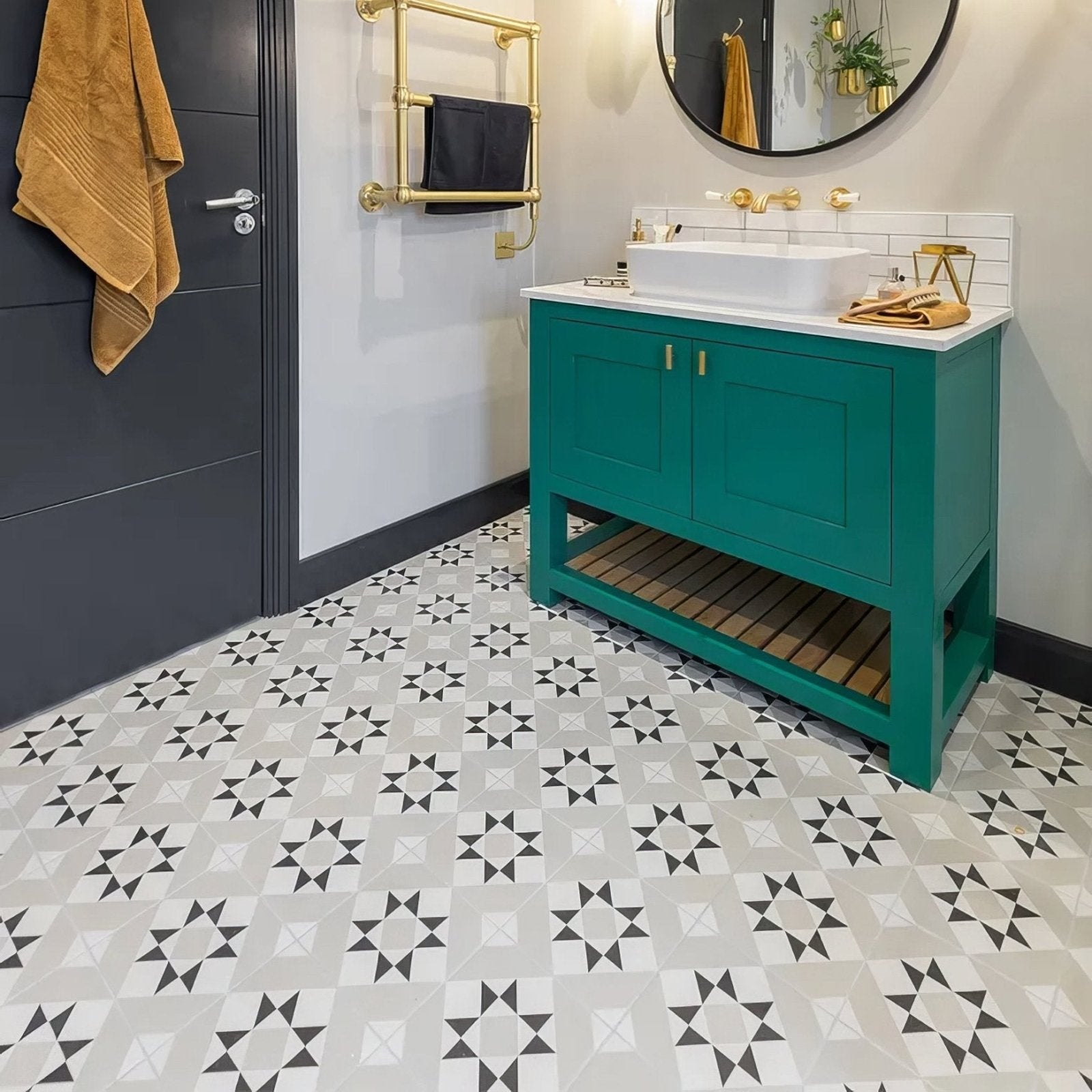 Teal brompton porcelain borough bathroom vanity with gold hardware and white vessel sink for modern bathrooms