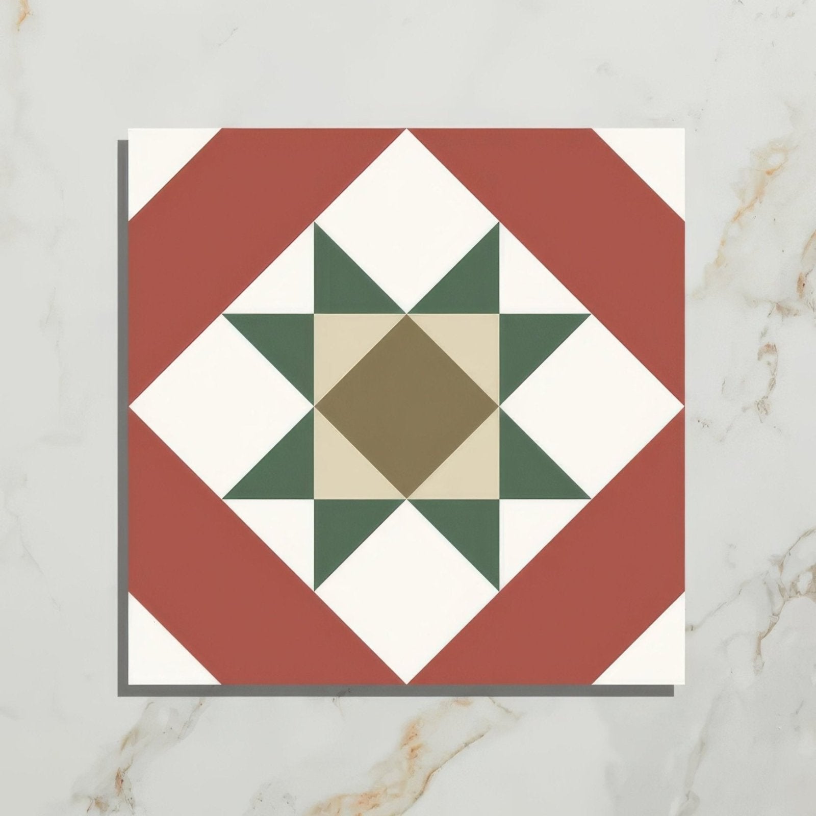A square porcelain tile brompton porcelain clarence with a vintage quilt star pattern in red white green and beige colors