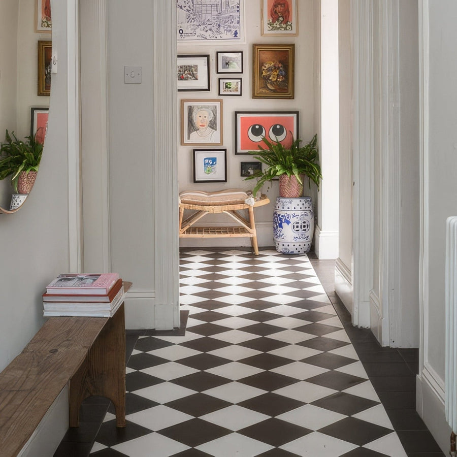 Black and white checkered Brompton porcelain field milk floor tiles showcasing classic porcelain material and design