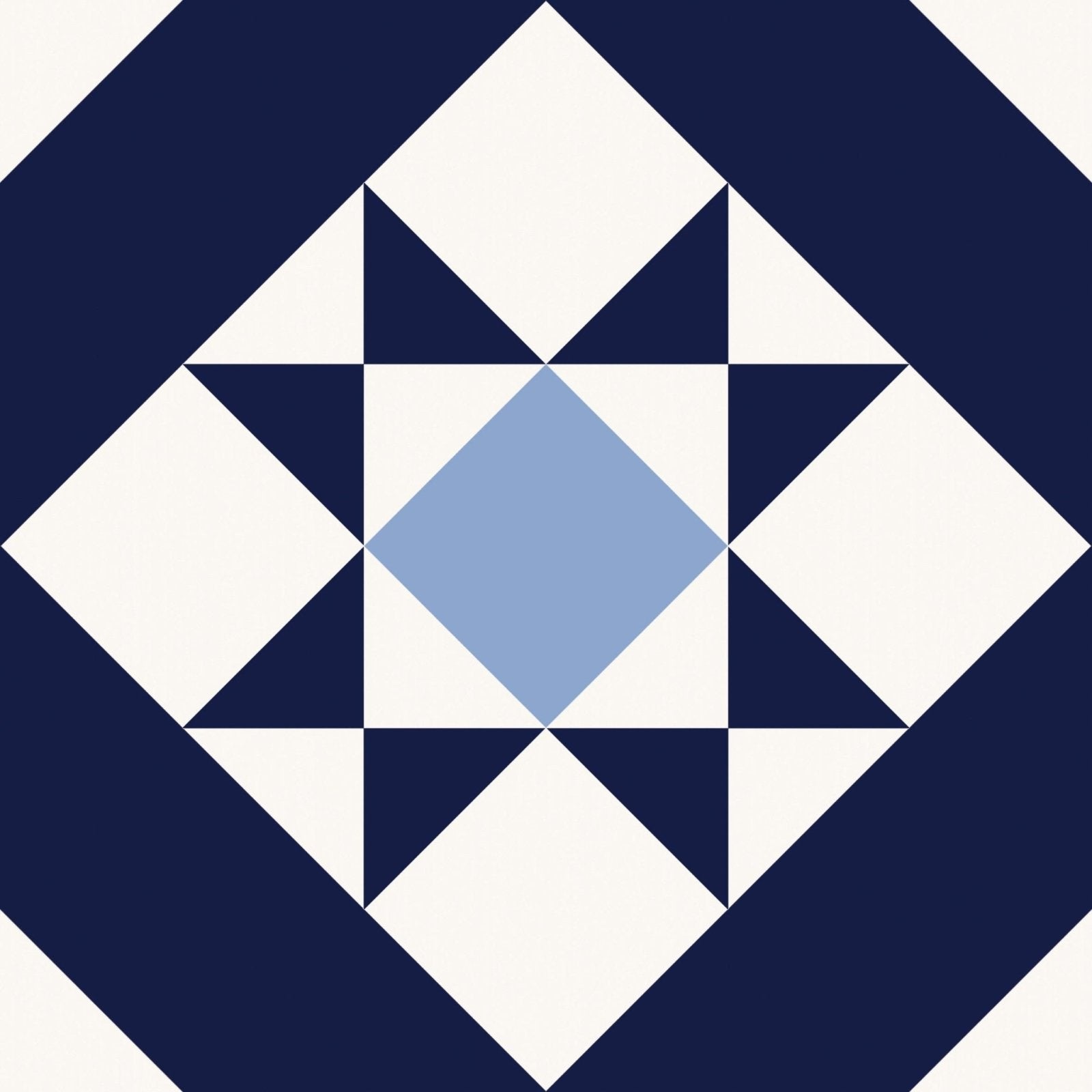 Brompton porcelain kew quilt block featuring navy blue cream geometric pattern with central light blue diamond