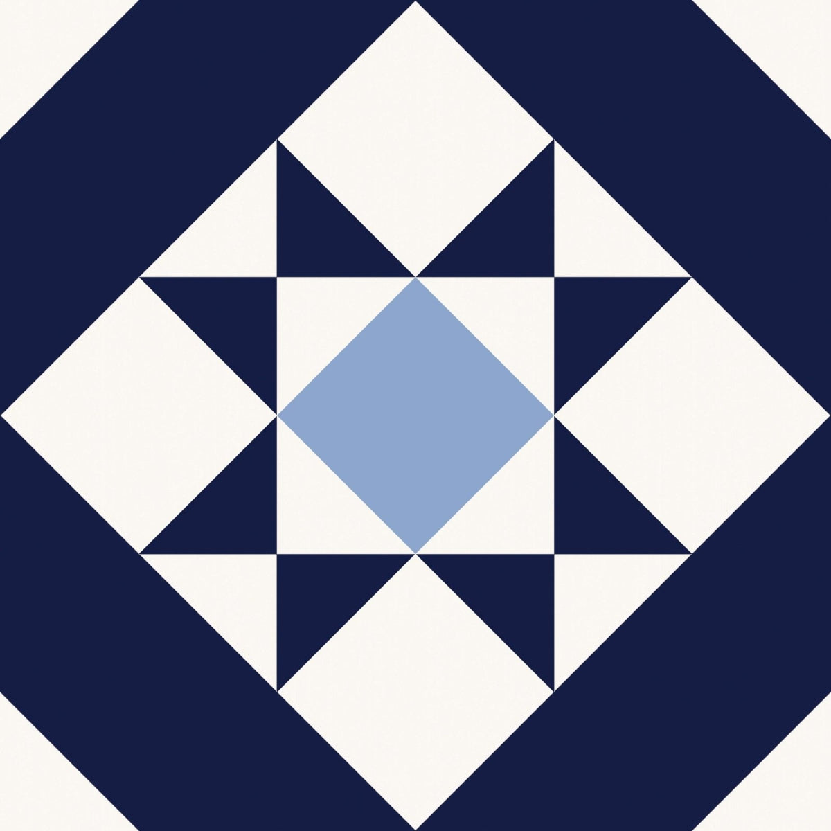 Brompton porcelain kew quilt block featuring navy blue cream geometric pattern with central light blue diamond