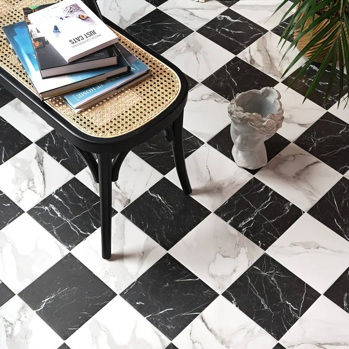 Black and white marble effect checkered porcelain floor tiles from butler porcelain calacatta collection