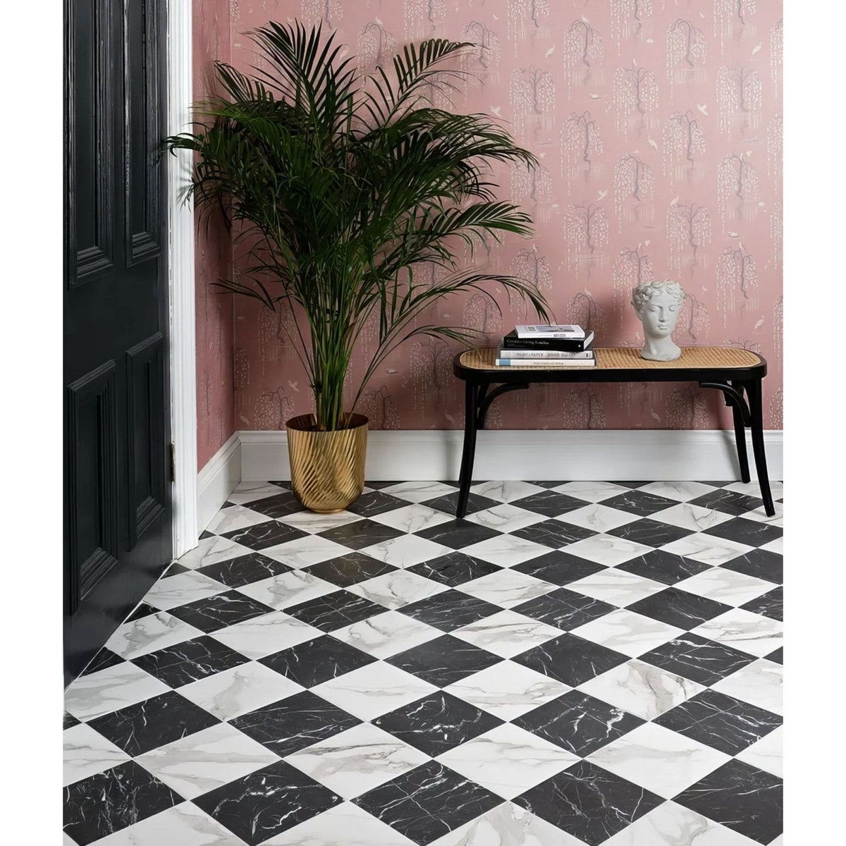 Black and white marble-effect checkered porcelain floor tiles from butler porcelain marquina collection