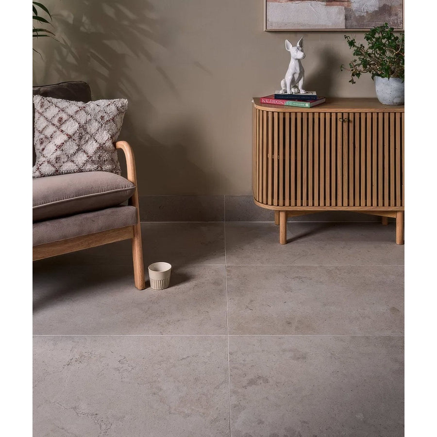 Gray stone-effect porcelain matt floor tiles with subtle natural veining campagna 59.5 x 120cm