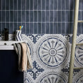 Blue and white patterned ceramic matt bathroom tiles with intricate circular and floral designs canero ceramic matt