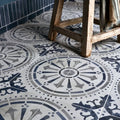 Canero ceramic matt white and navy blue patterned ceramic floor tiles with intricate circular and floral designs