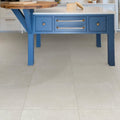 Blue kitchen island with white dorset porcelain countertop 80x80cm and gold hardware accents