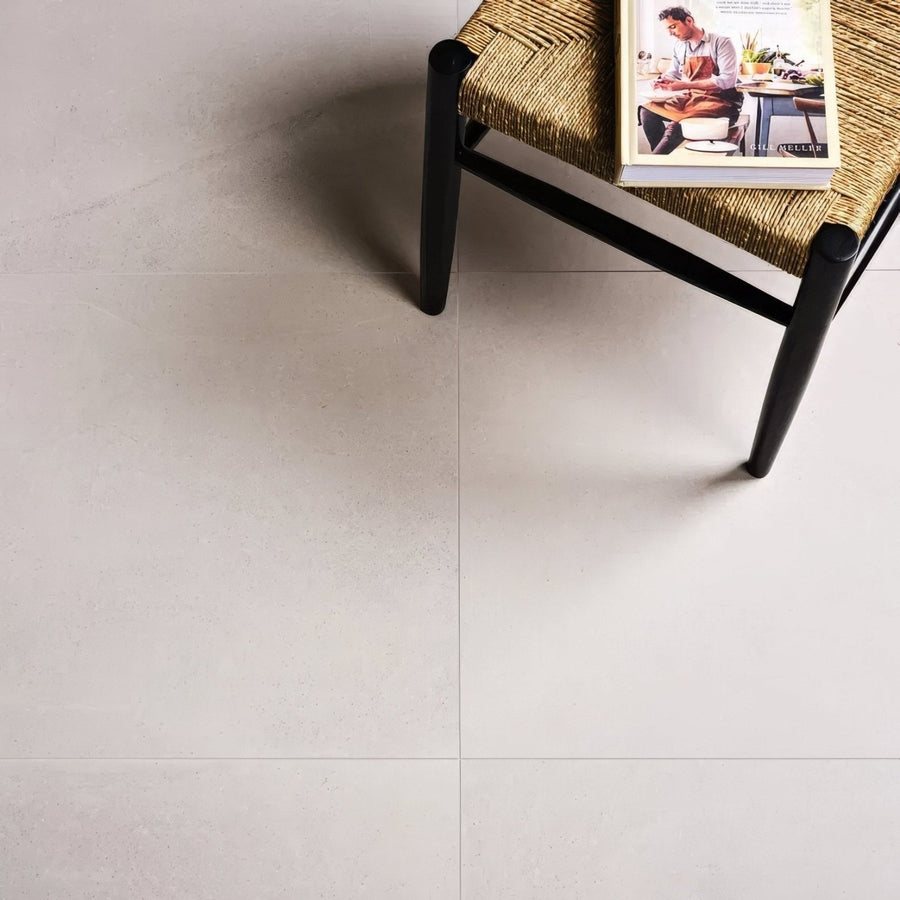 Dorset porcelain white 80 x 80cm ceramic tile floor with minimalist light gray matte finish and clean grout lines
