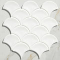 Gelato porcelain mosaic milk white features white glossy fish scale tiles arranged in a repeating pattern