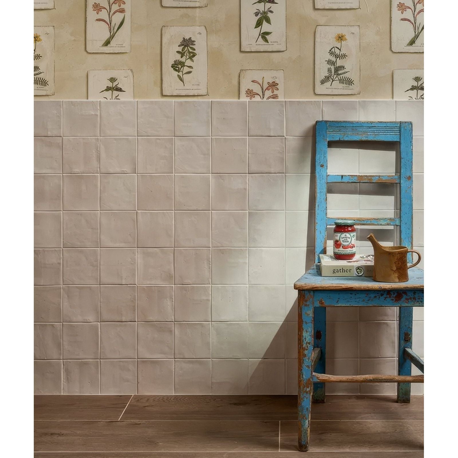 Hammam Ceramic Bone tiles in a styled interior with a rustic wooden chair