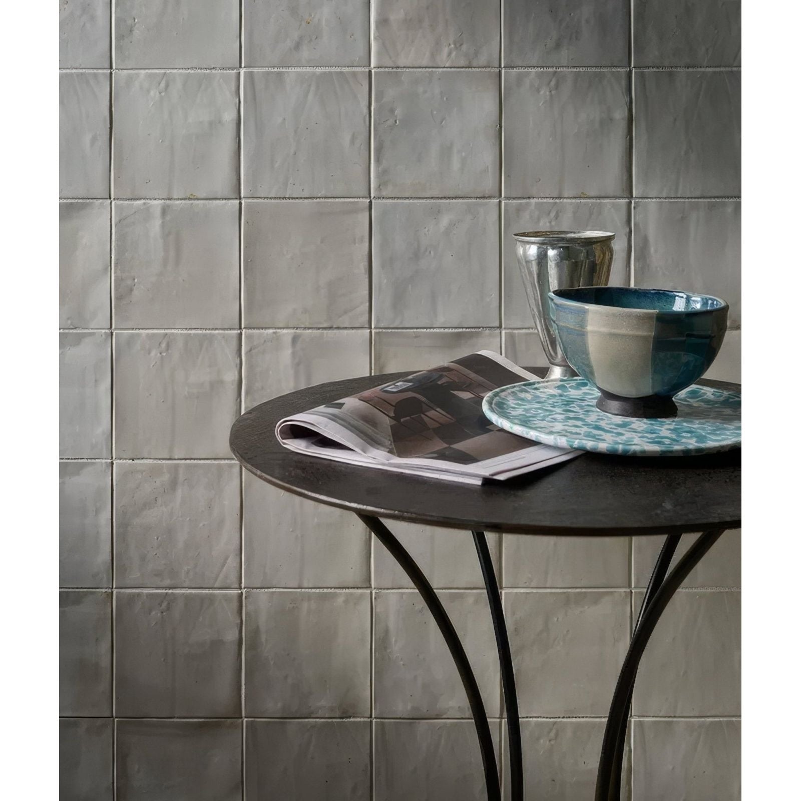 Hammam ceramic white bowl with a two-tone finish featuring deep teal upper half and matte gray lower section