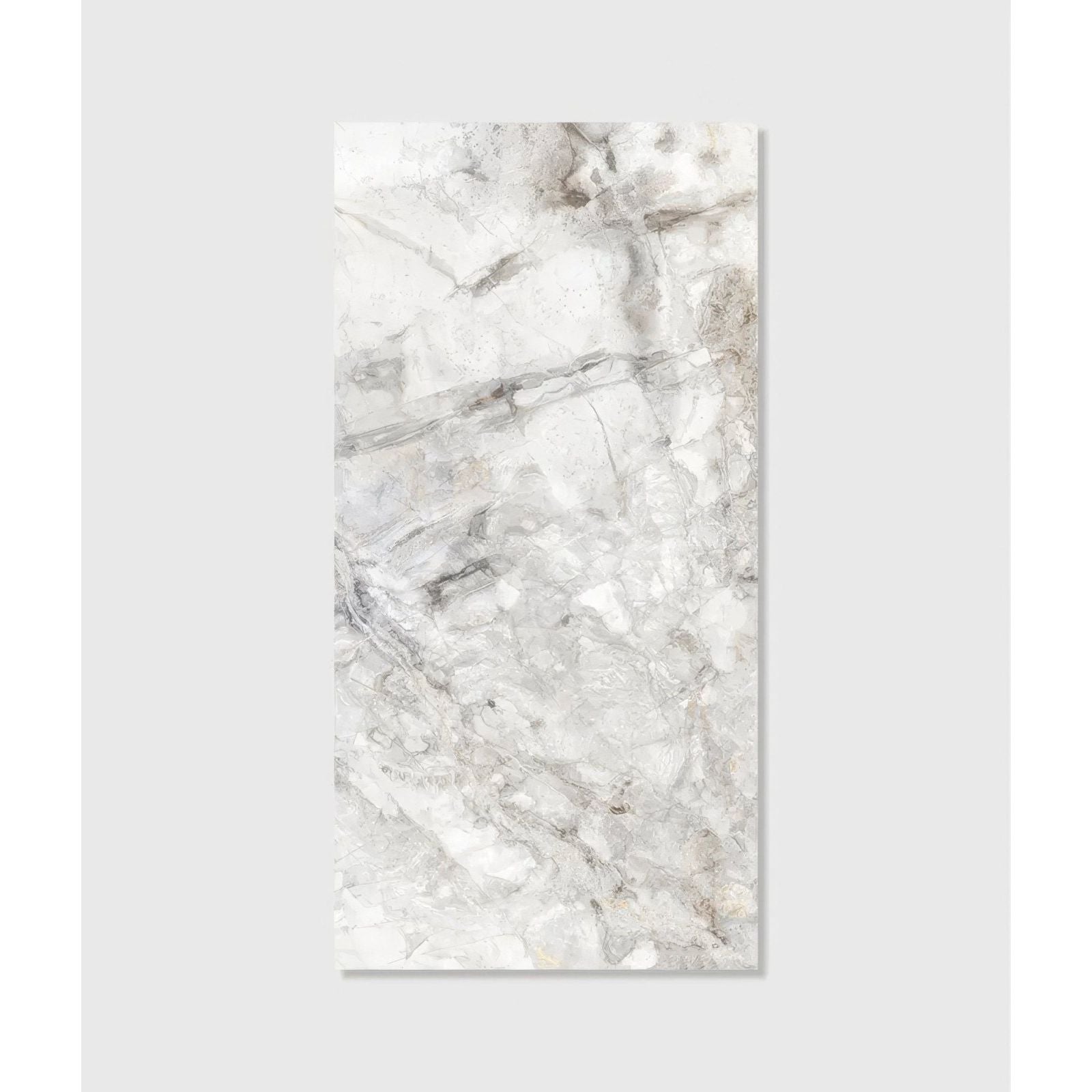 A rectangular white marble illusion Shangri La porcelain polished tile with subtle gray veining and reflective surface