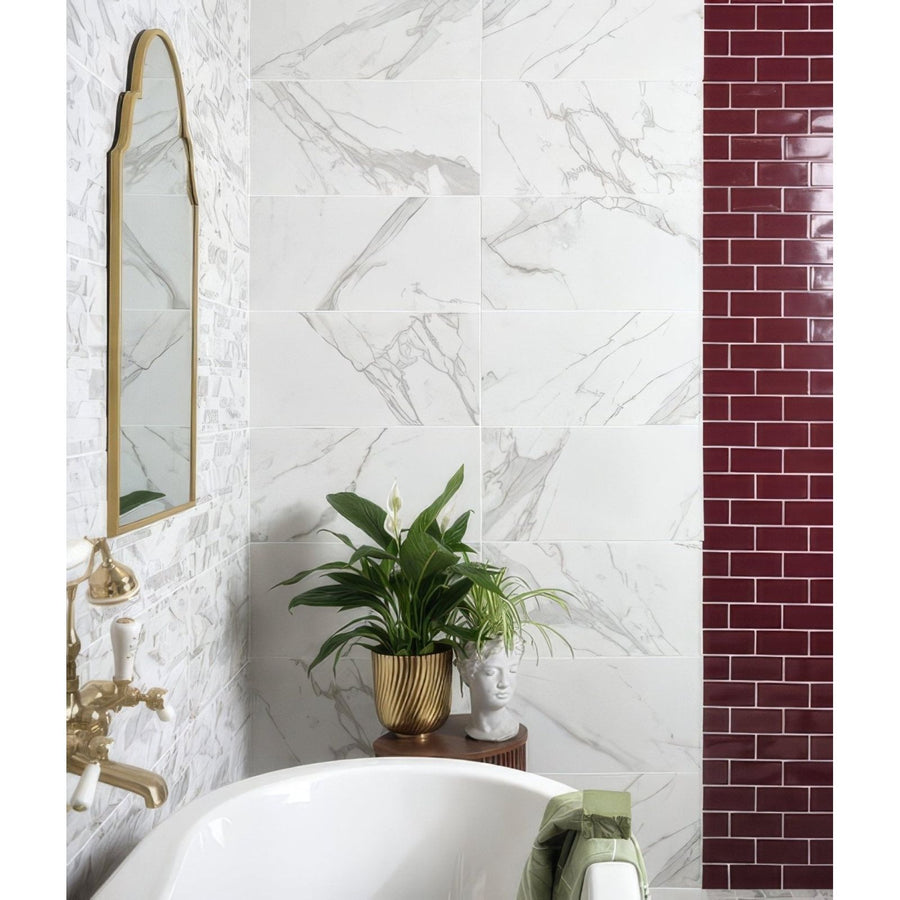 White marble-effect porcelain matt wall tiles with gray veining in 120 x 60cm from kensington