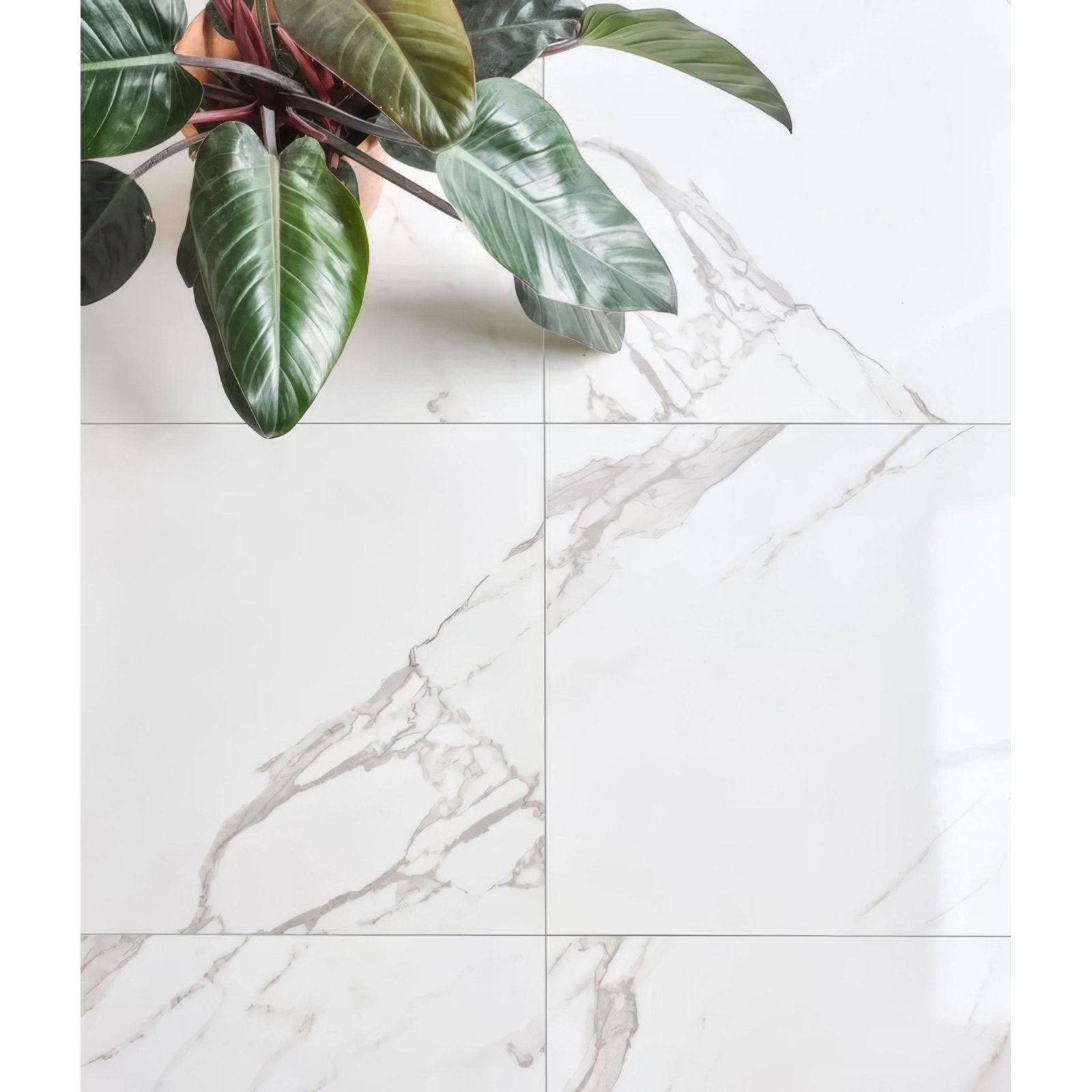 White marble-effect porcelain matt floor tiles with subtle gray veining in 60 x 60cm kensington design