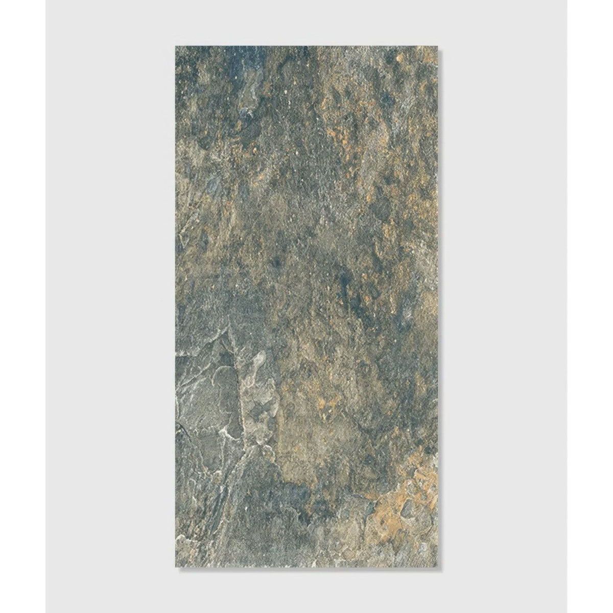 Rectangular lombok porcelain moss tile with natural mottled gray brown and subtle green surface texture