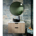 Black ceramic vessel sink with sleek modern design on light wood vanity with vertical slats and black handles lombok porcelain moss