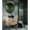 Modern floating vanity lombok porcelain moss with light wood finish vertical slats and two drawers with black handles