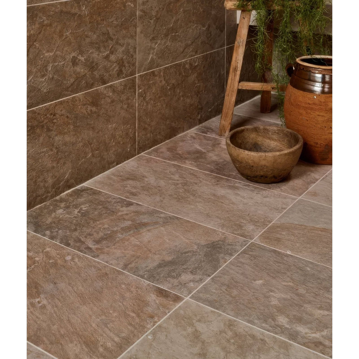 Brown marble-effect lombok porcelain sand floor tiles with subtle veining and a matte finish